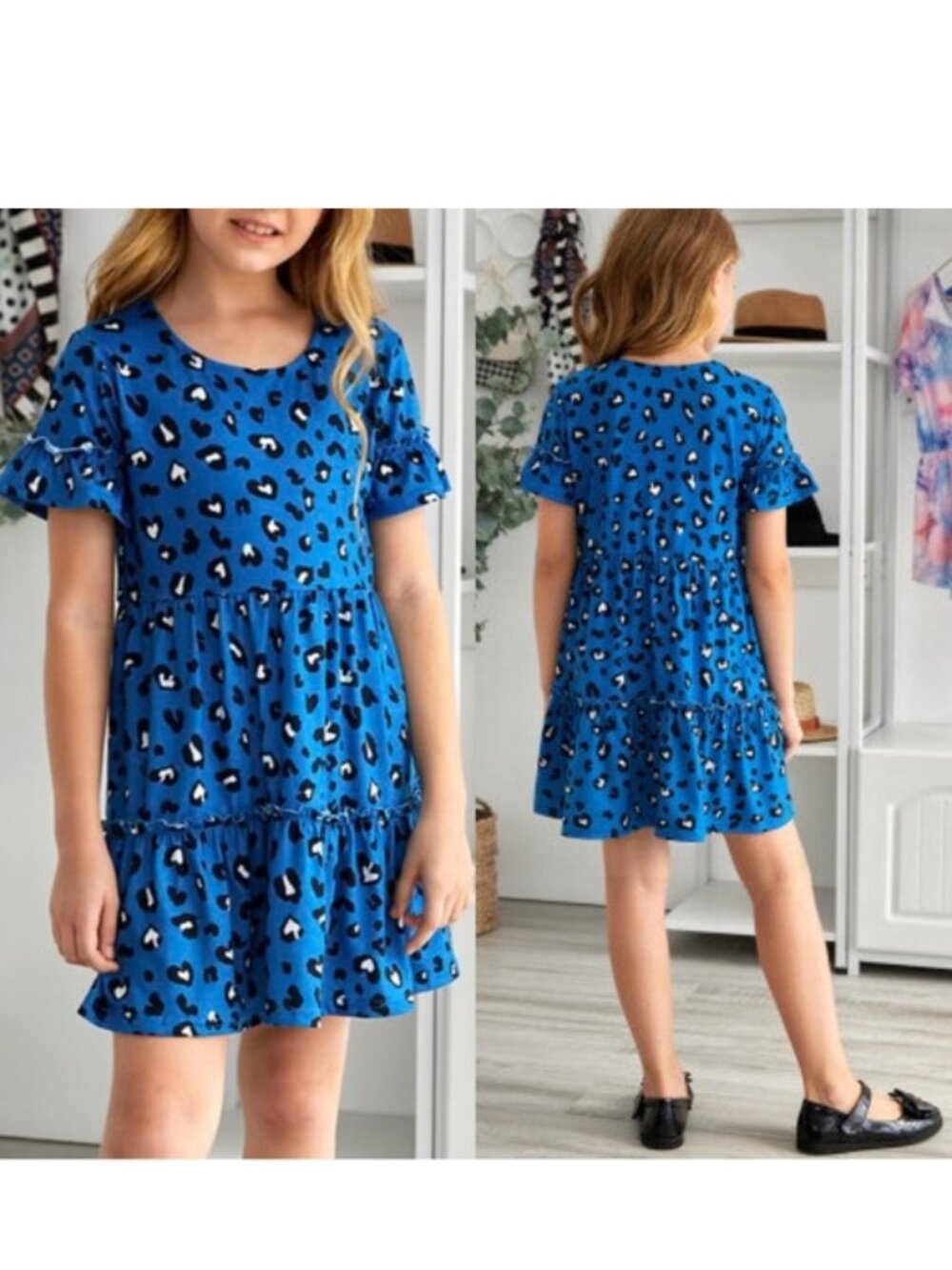 Wonder Nation | Blue Ruffled Leopard Print Babydoll Knit Dress | Size Large